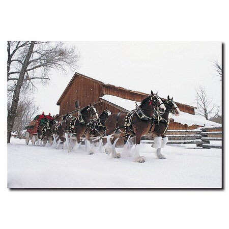 TRADEMARK FINE ART Clydesdales - Snowing in front of Barn - 22x32 Canvas, 22x32 AB274-C2232GG